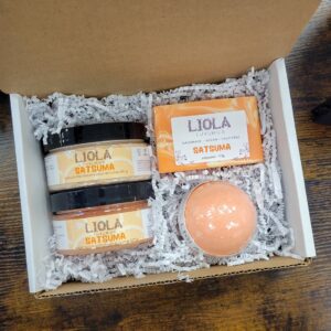 Best Gift Ever Bundle with a large sugar scrub, body butter, artisan soap and bath bomb satsuma scent
